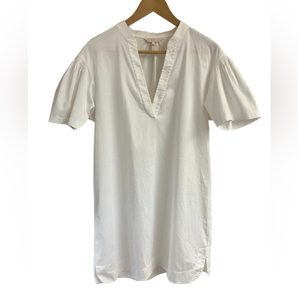 REBECCA TAYLOR Bright White Stretch Cotton V-Neck Tunic Sheath Dress Sz L Resort